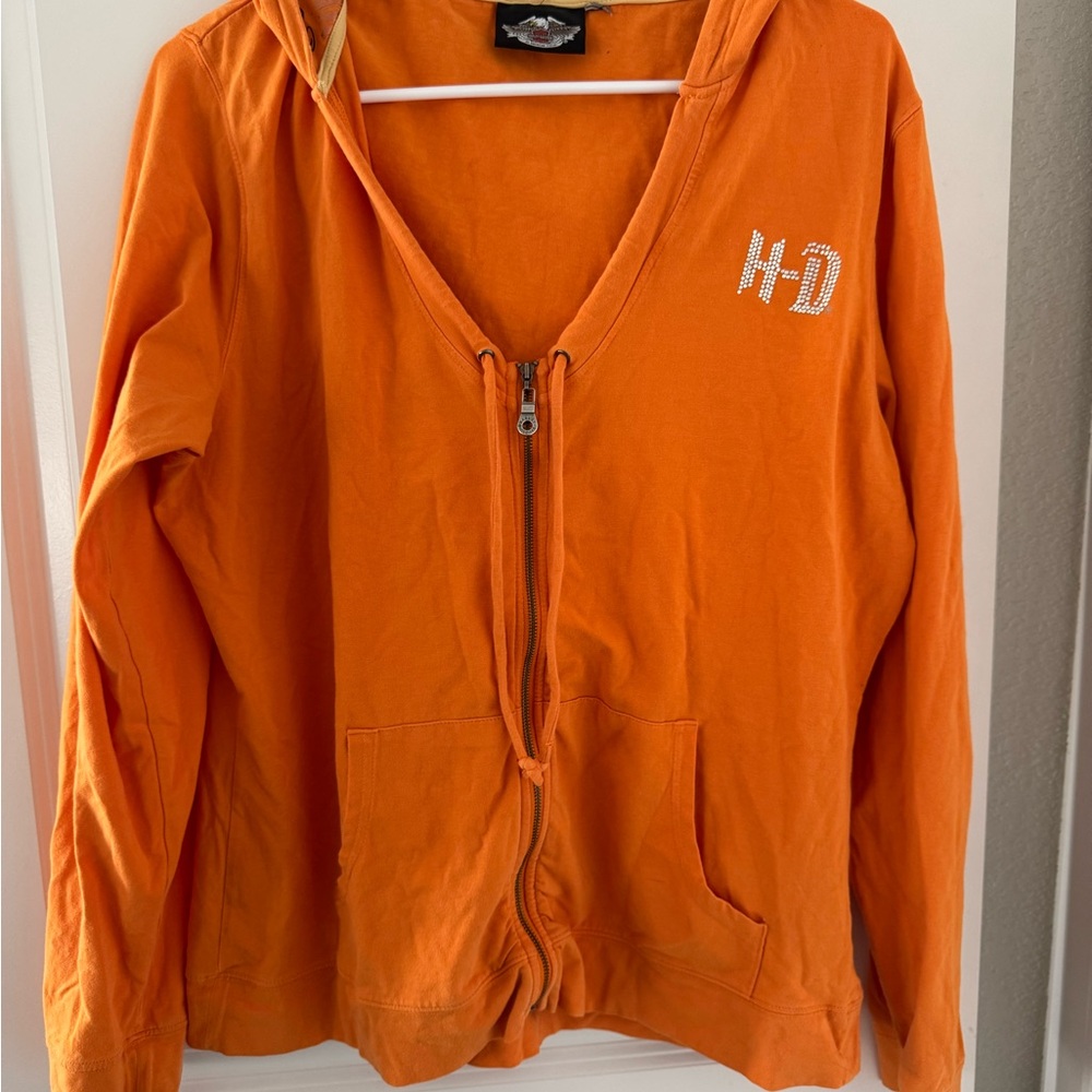 Harley-Davidson Orange Graphic Hoodie zip up rhinestone